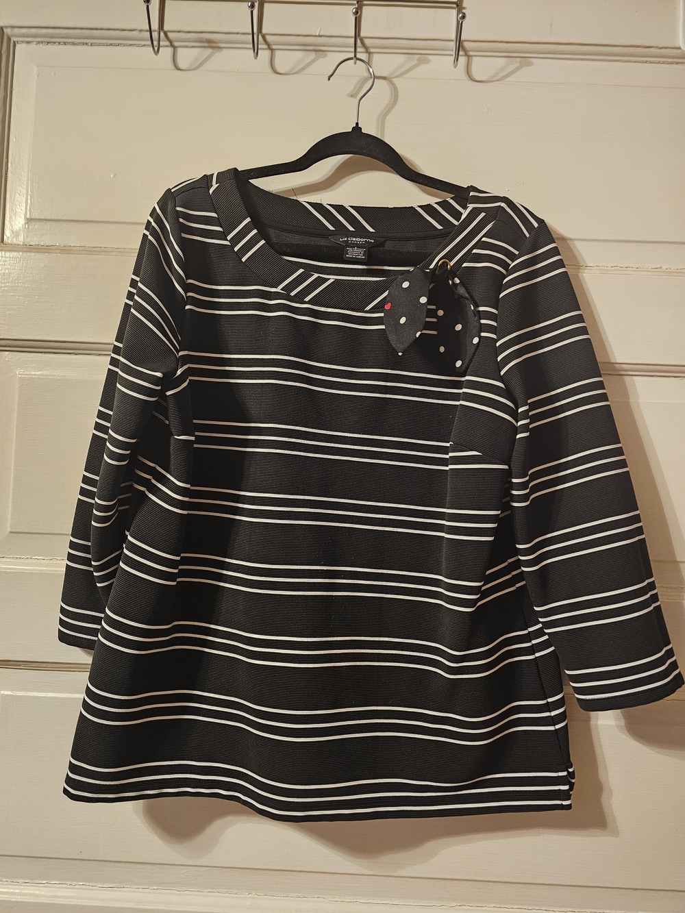 Claiborne Black and White Striped Top with Polka Dot Bow